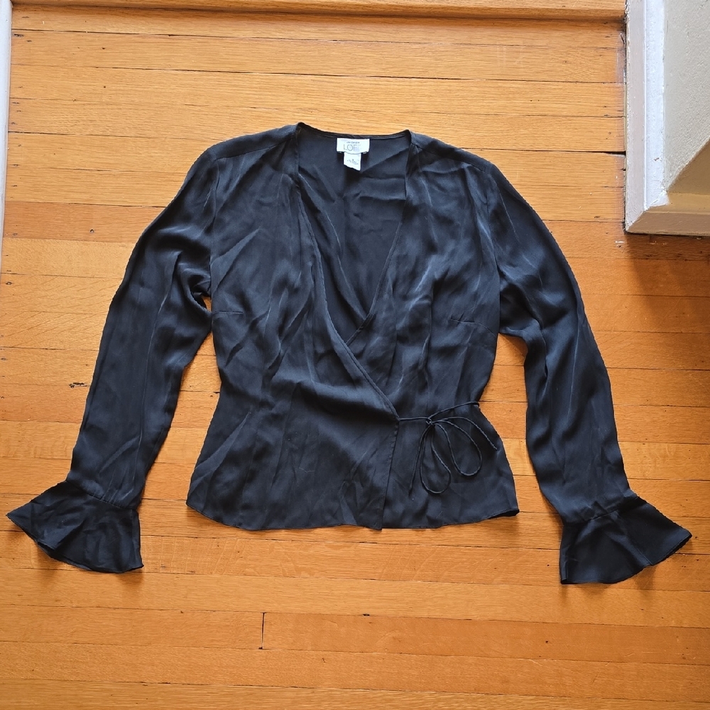 LOFT Black Satin Wrap Blouse with Ruffle Cuffs